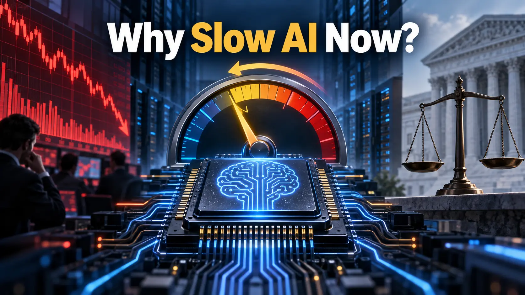 Editorial illustration of the frontier AI race slowing as tech stocks fall and antitrust concerns rise