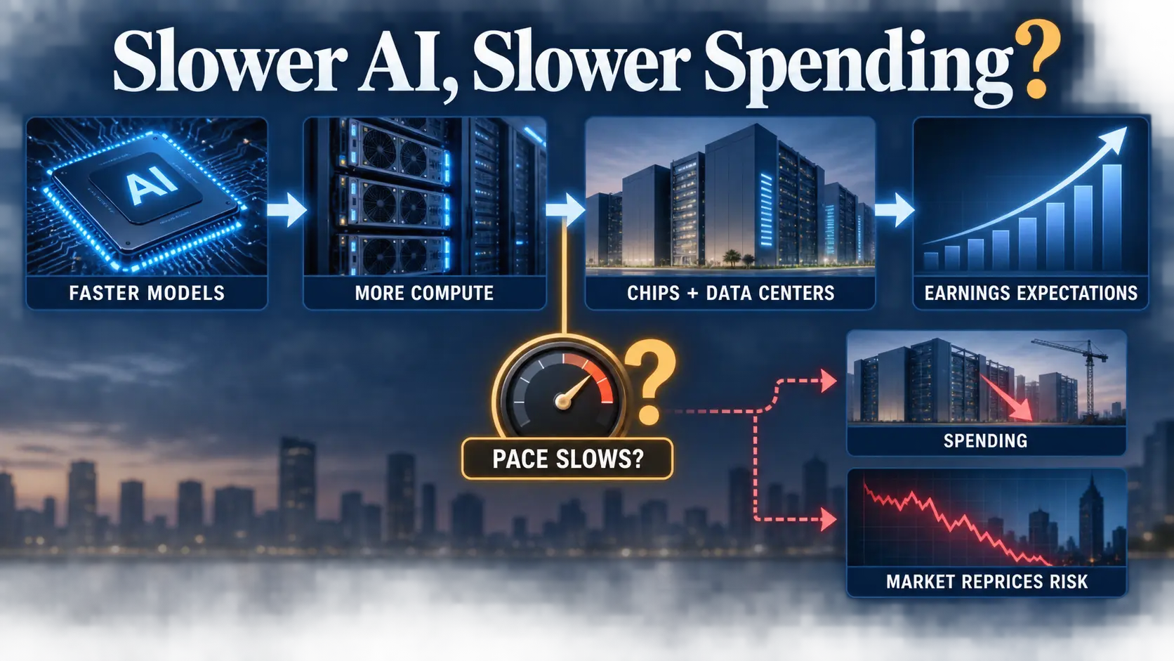 Flowchart showing how slower frontier AI development could affect chip demand, data-center spending, and technology stocks