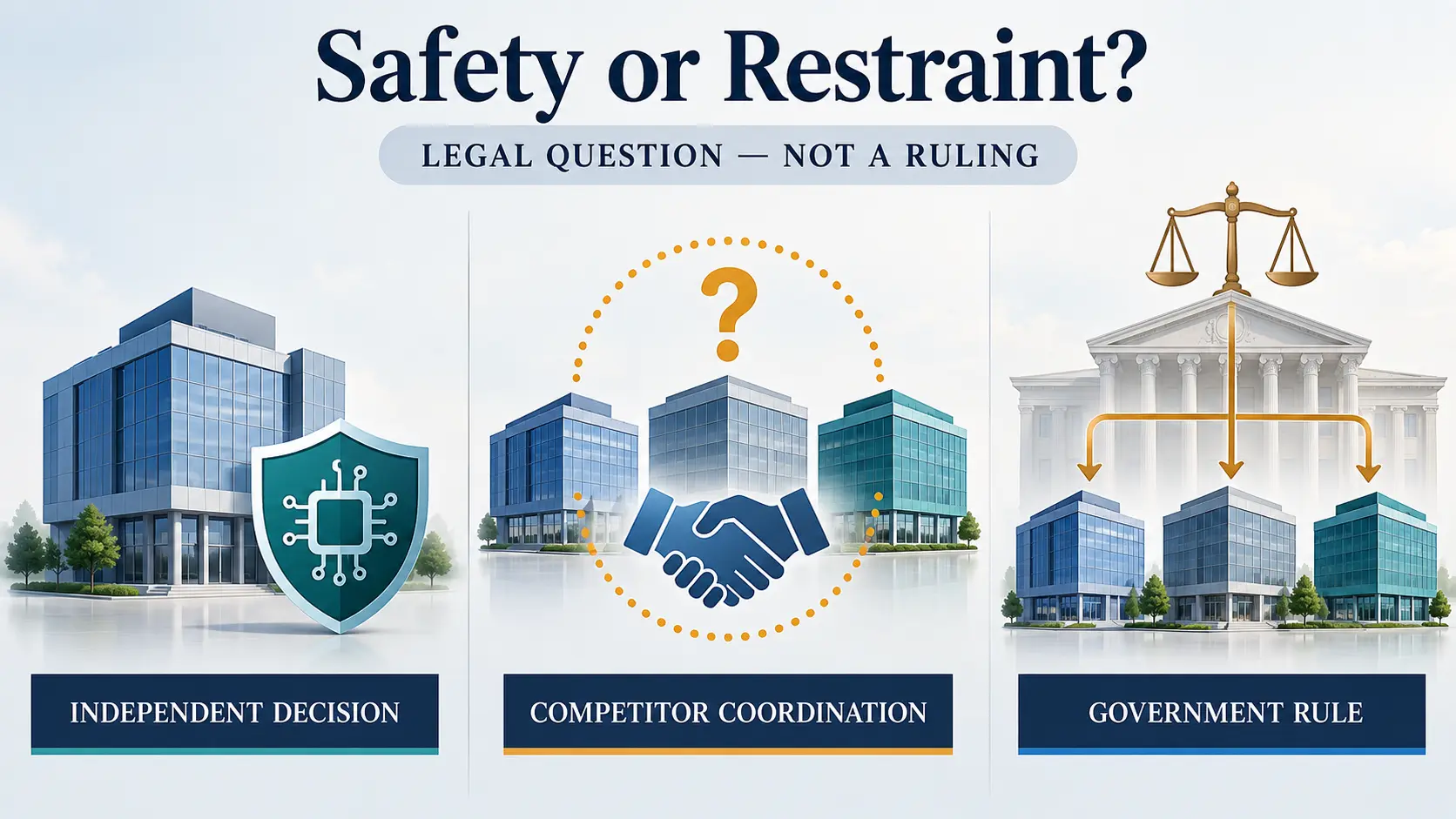 Comparison showing the antitrust difference between independent AI safety decisions and coordinated limits among competitors
