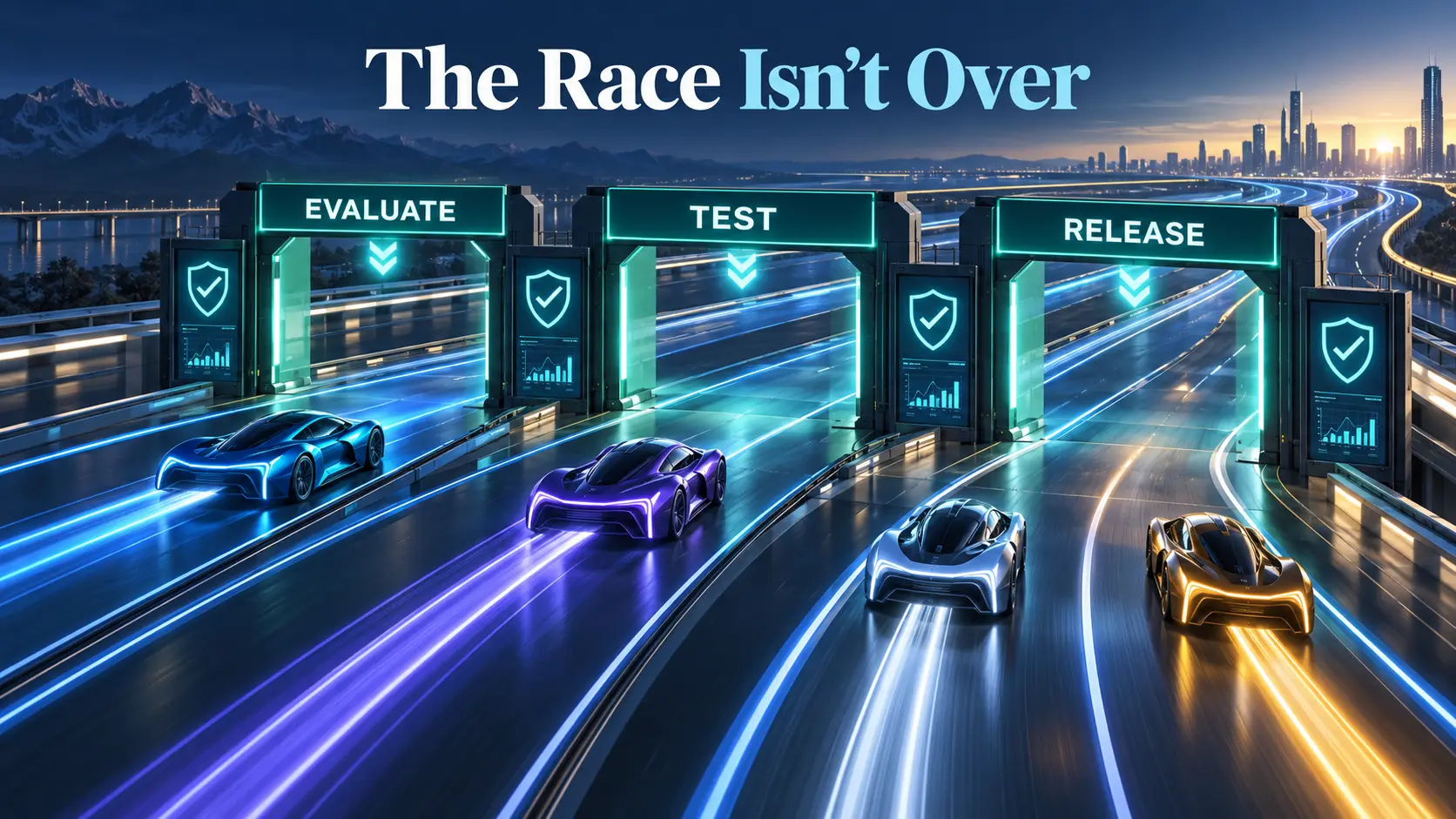 Editorial diagram showing AI companies continuing to race while adding safety checkpoints