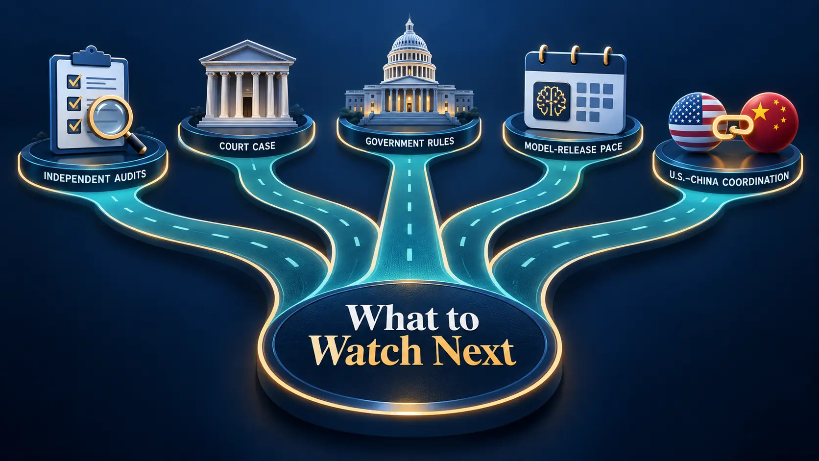 Roadmap showing the major questions ahead for AI safety rules, antitrust law, model releases, and international coordination
