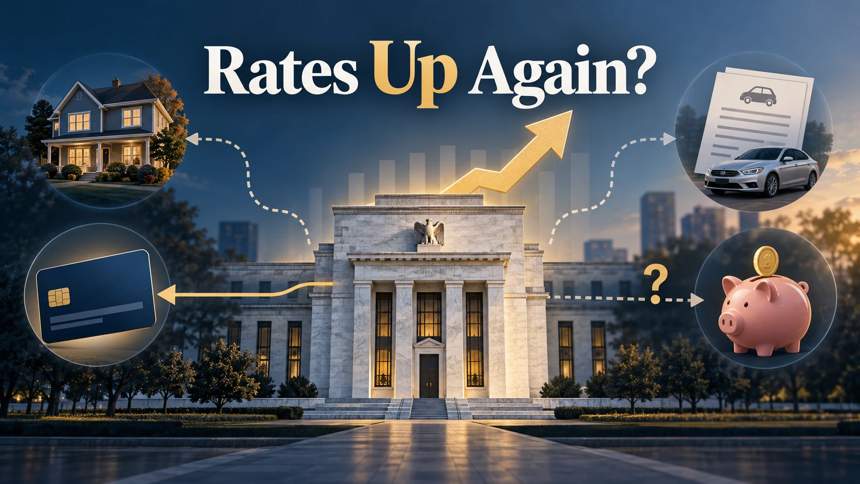 Editorial illustration showing the Federal Reserve rate hike affecting mortgages, credit cards, and savings
