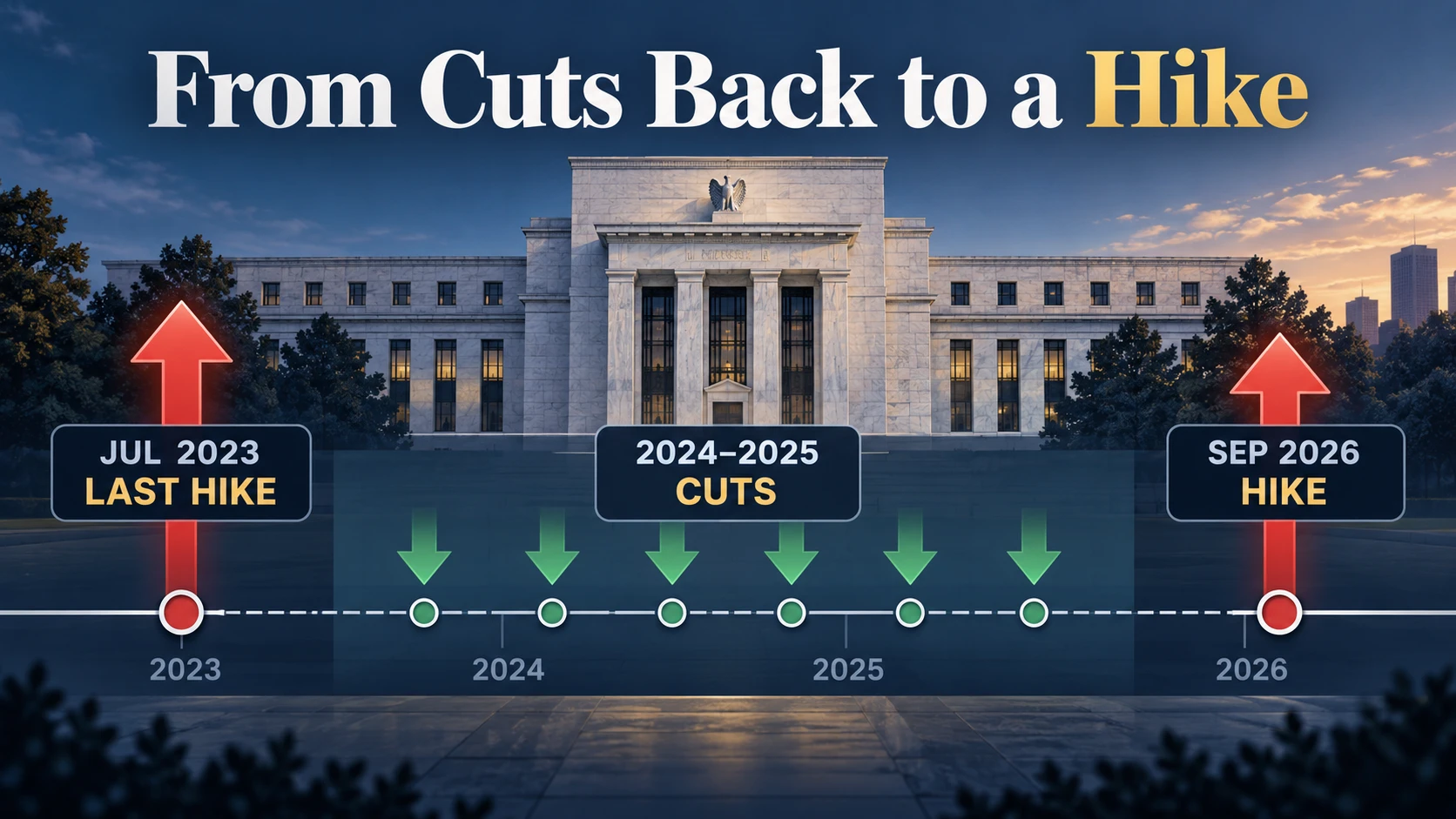 Timeline showing Federal Reserve rate cuts from 2024 through 2025 followed by the September 2026 rate hike