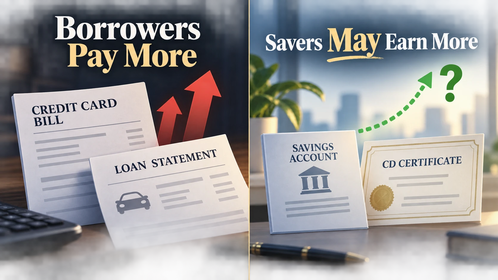 Comparison infographic showing borrowers facing higher interest costs while savers may receive higher deposit yields