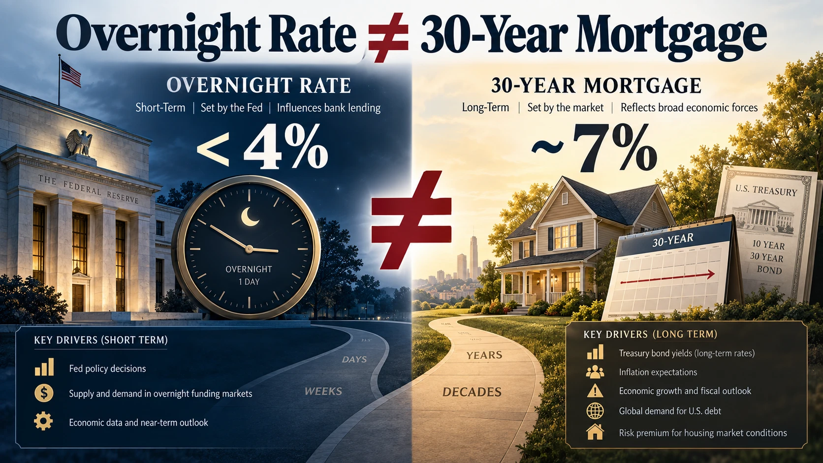 Comparison graphic explaining why the overnight federal funds rate can be below the 30-year mortgage rate