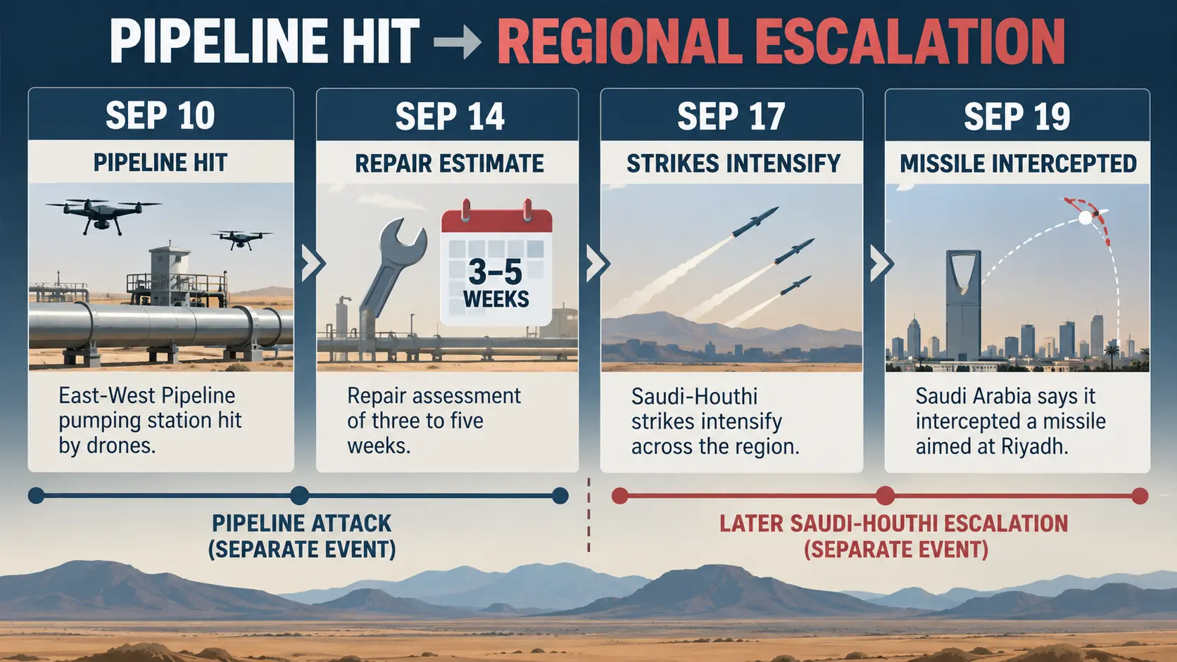 Timeline showing the East-West Pipeline attack, repair estimates, and later Houthi attacks on Saudi Arabia