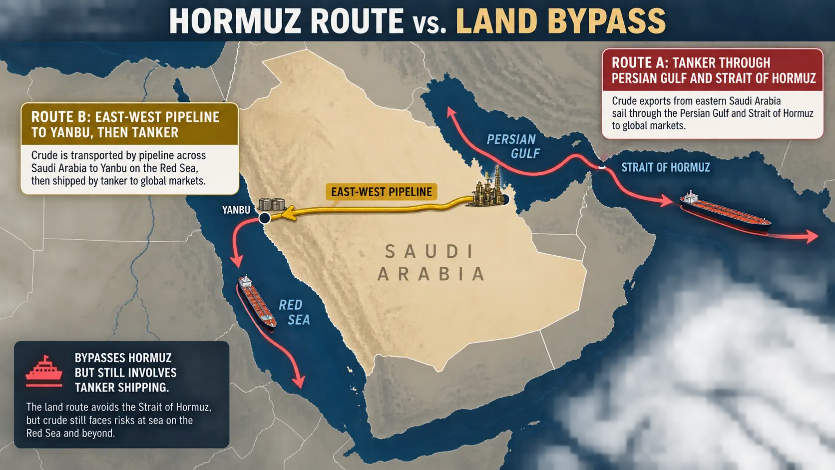 Diagram comparing Saudi oil exports through the Strait of Hormuz with the East-West Pipeline route to Yanbu
