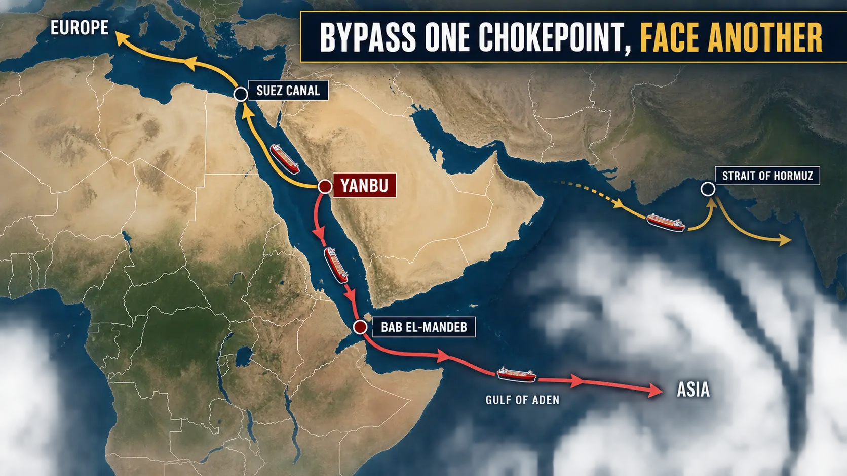 Map showing the Strait of Hormuz, Yanbu, Suez Canal, and Bab el-Mandeb as separate links in Saudi oil export routes