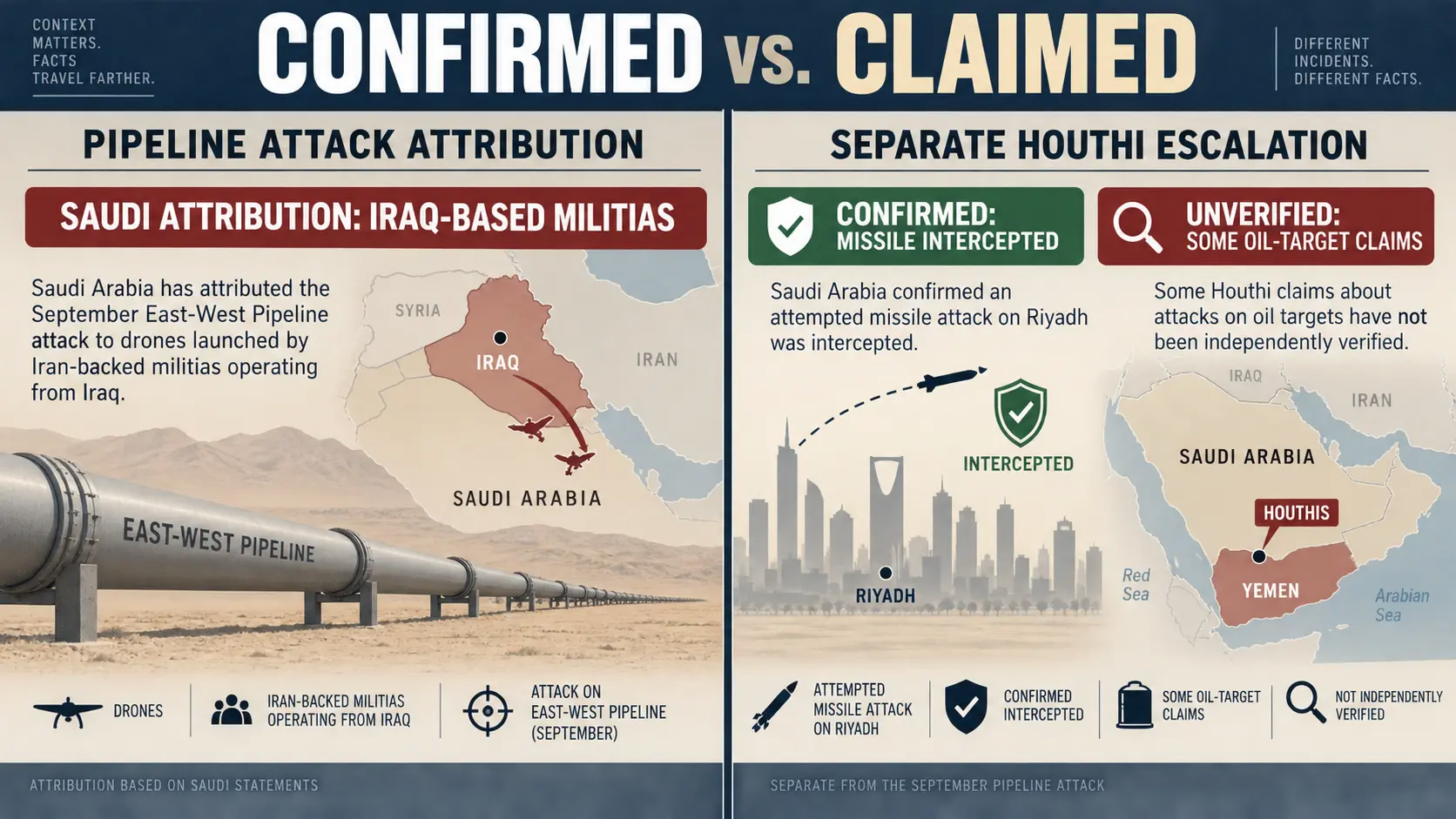 Fact-check graphic separating the confirmed East-West Pipeline attribution from separate Houthi attacks and claims