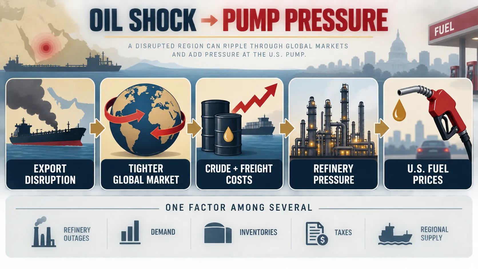 Flow diagram showing how Middle East oil disruptions can feed into crude prices, refinery costs, and U.S. gasoline prices