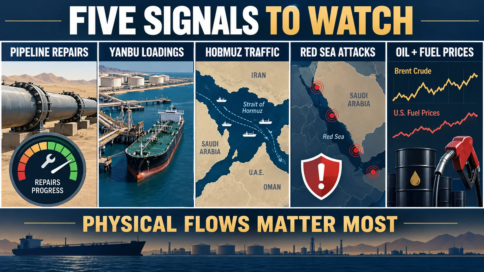 Dashboard of five indicators to watch for Saudi oil exports and U.S. fuel-price pressure