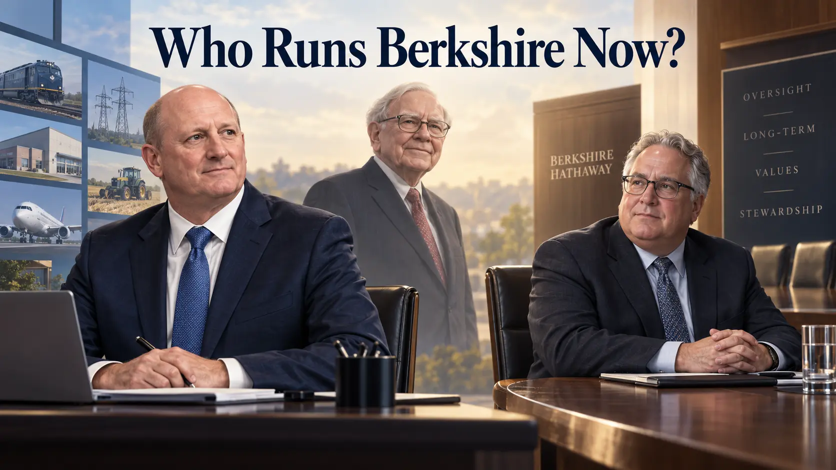 Editorial illustration of Warren Buffett stepping back as Greg Abel and Howard Buffett take separate leadership roles at Berkshire Hathaway