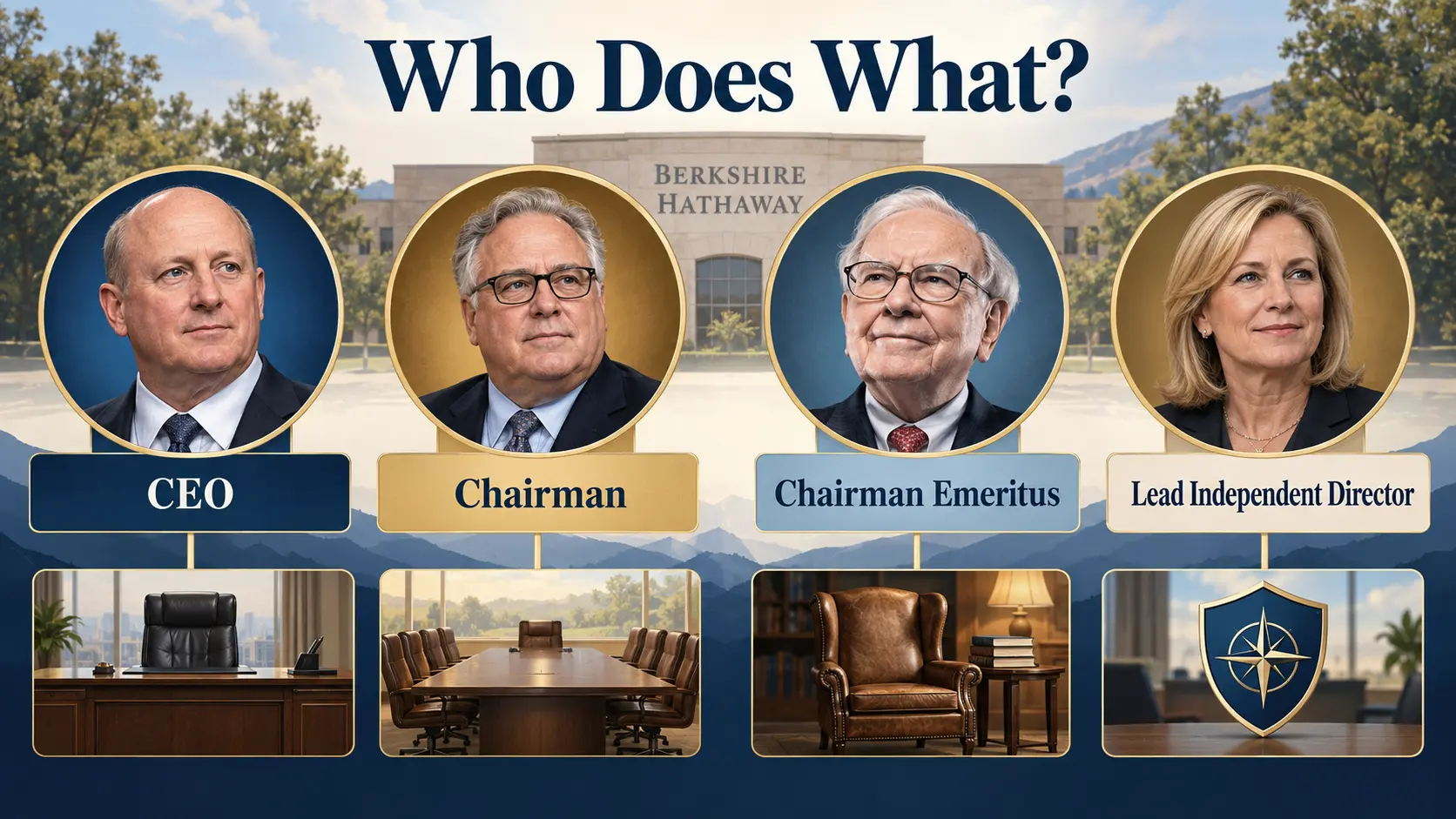 Diagram showing Greg Abel as CEO, Howard Buffett as chairman, Warren Buffett as chairman emeritus and Susan Decker as lead independent director