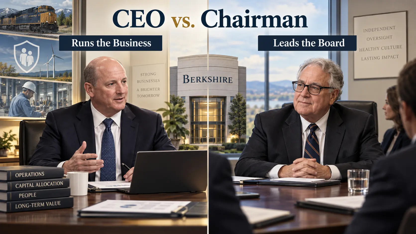 Comparison showing Greg Abel running Berkshire operations while Howard Buffett leads the board