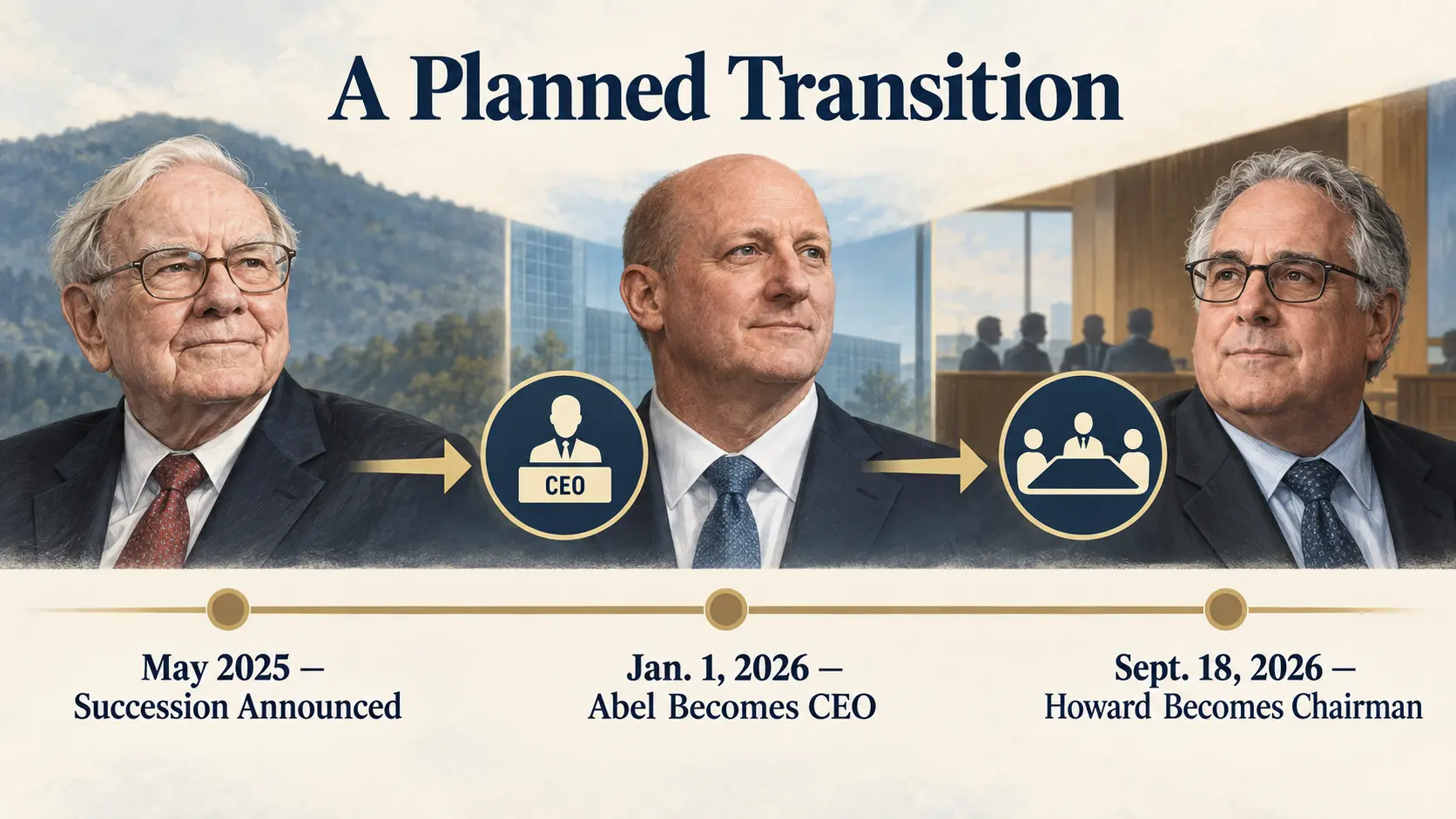 Timeline of Berkshire Hathaway succession planning from Greg Abel becoming CEO to Howard Buffett becoming chairman