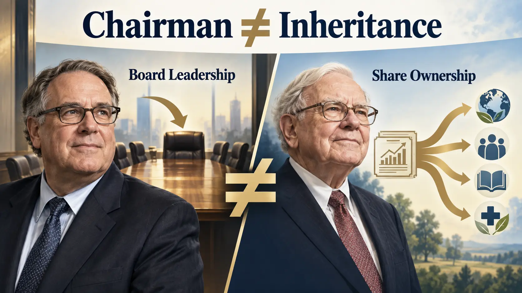 Infographic explaining that Howard Buffett becoming chairman does not transfer Warren Buffett’s Berkshire Hathaway shares to him