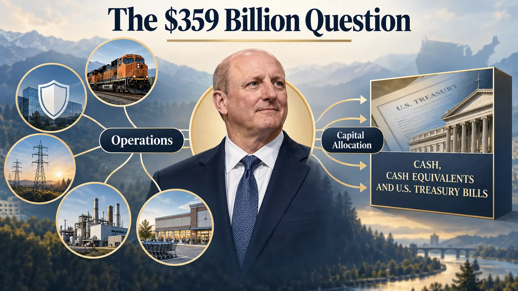 Infographic showing Greg Abel overseeing Berkshire Hathaway businesses and a large pool of cash and Treasury bills