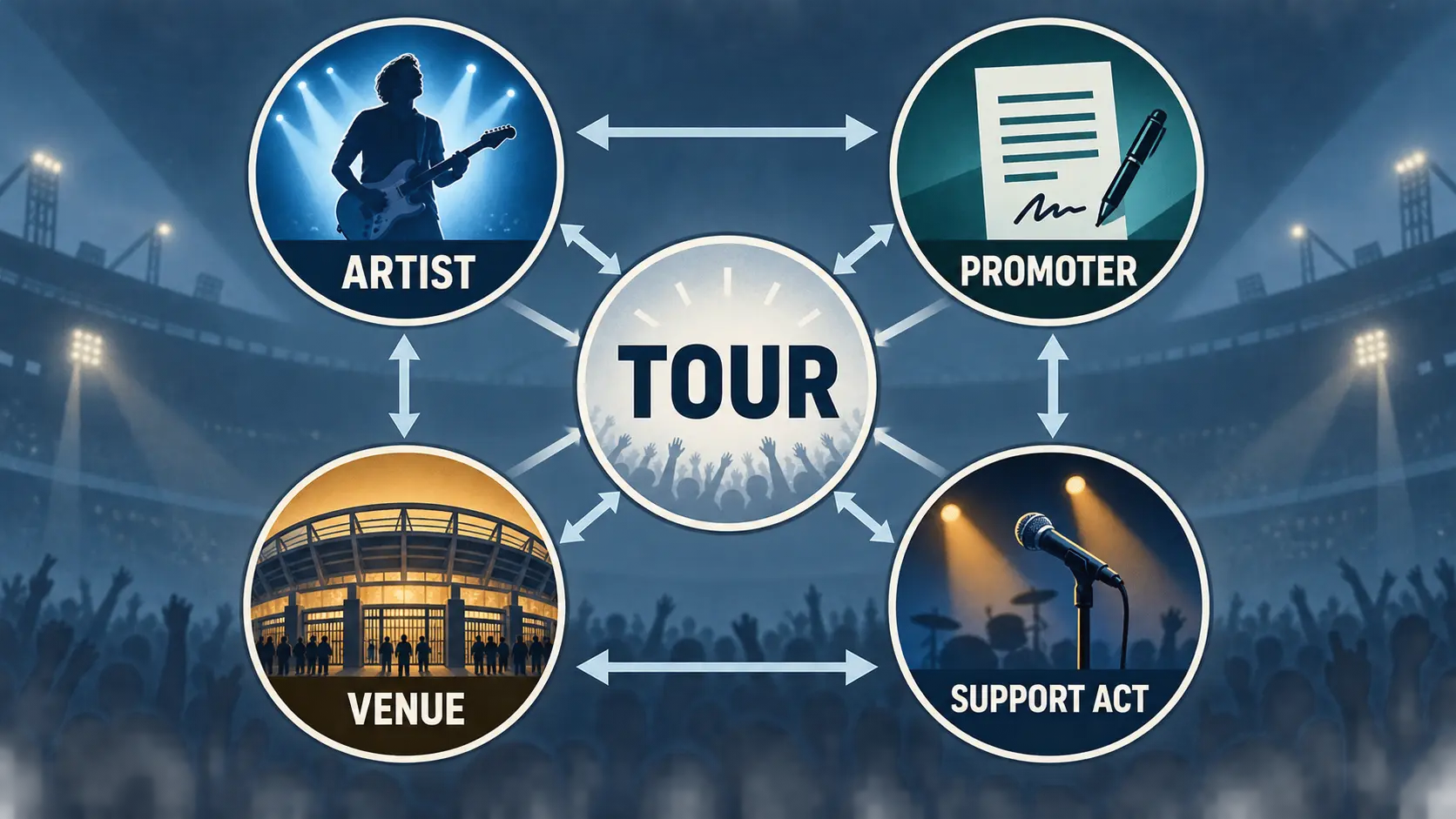 Diagram showing how a headlining artist, concert promoter, venue and opening act share control over a stadium tour