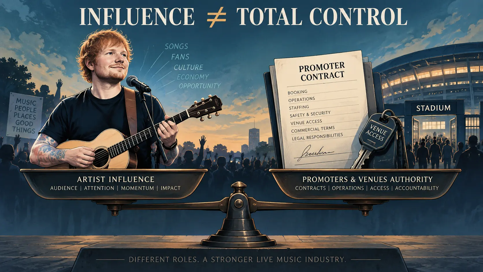 Editorial diagram comparing Ed Sheeran's influence with the contractual power of promoters and stadium venues