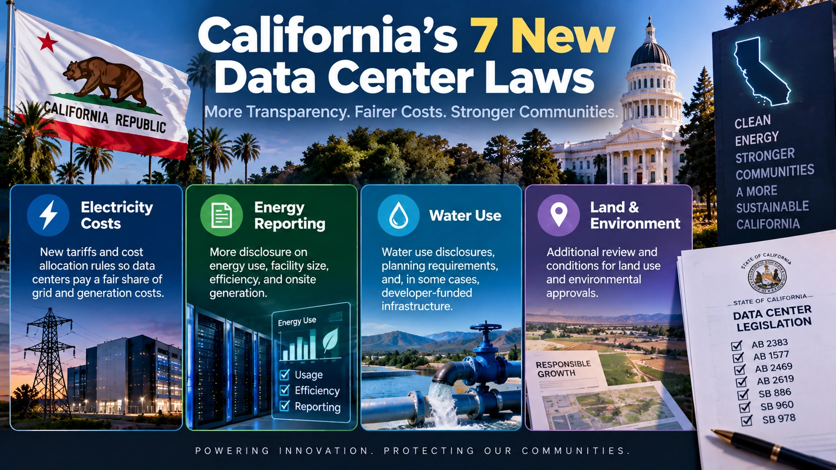 Infographic summarizing California data center rules for electricity tariffs, energy reporting, water planning, and infrastructure costs