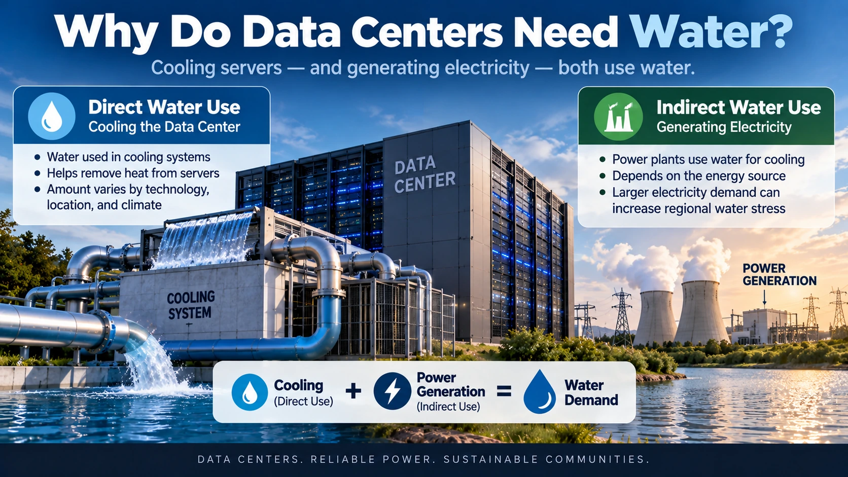 Diagram showing direct and indirect water use associated with data center cooling and electricity generation