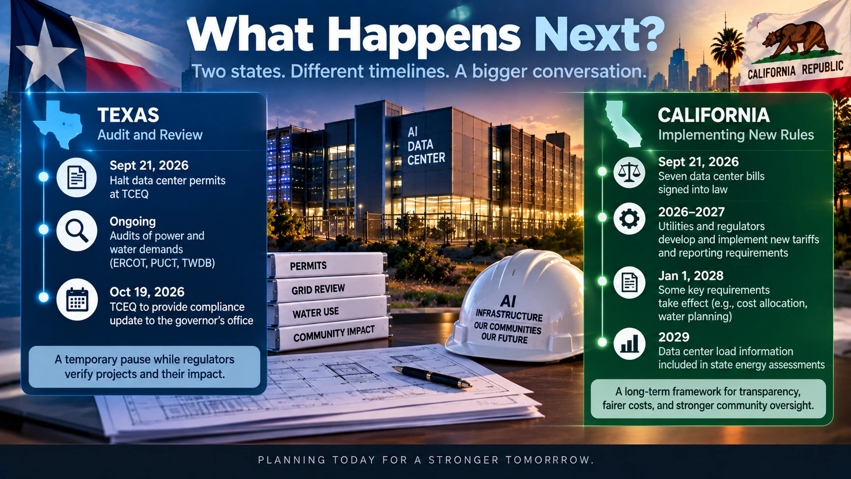 Timeline showing the next regulatory steps for data centers in Texas and California