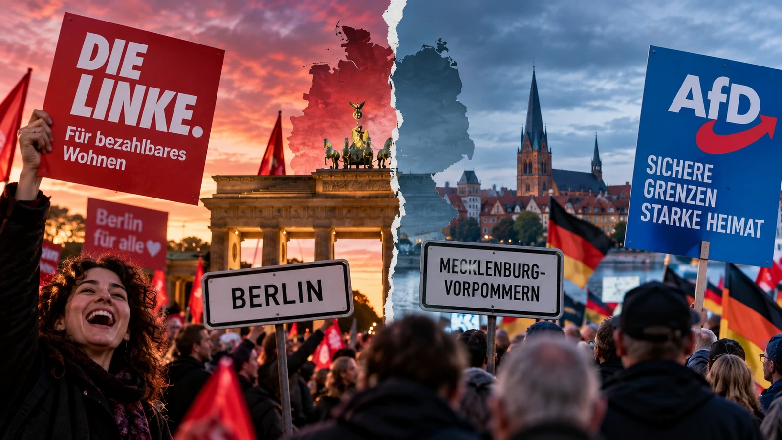 Comparison graphic showing the September 2026 election results in Berlin and Mecklenburg-Western Pomerania