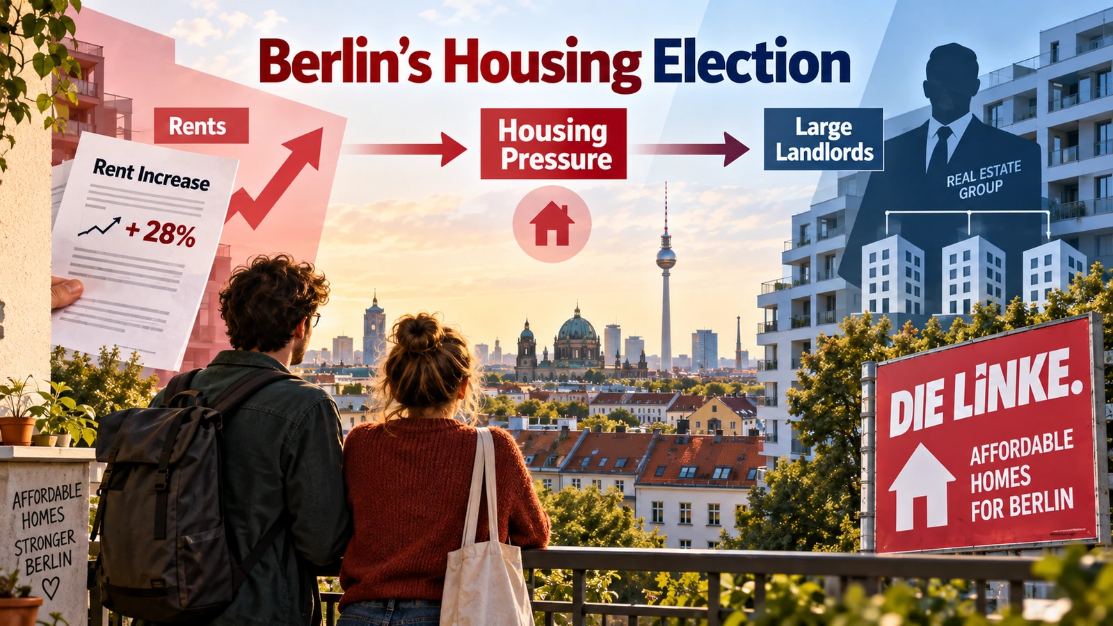 Editorial infographic showing housing costs and large corporate landlords at the center of Berlin’s 2026 election