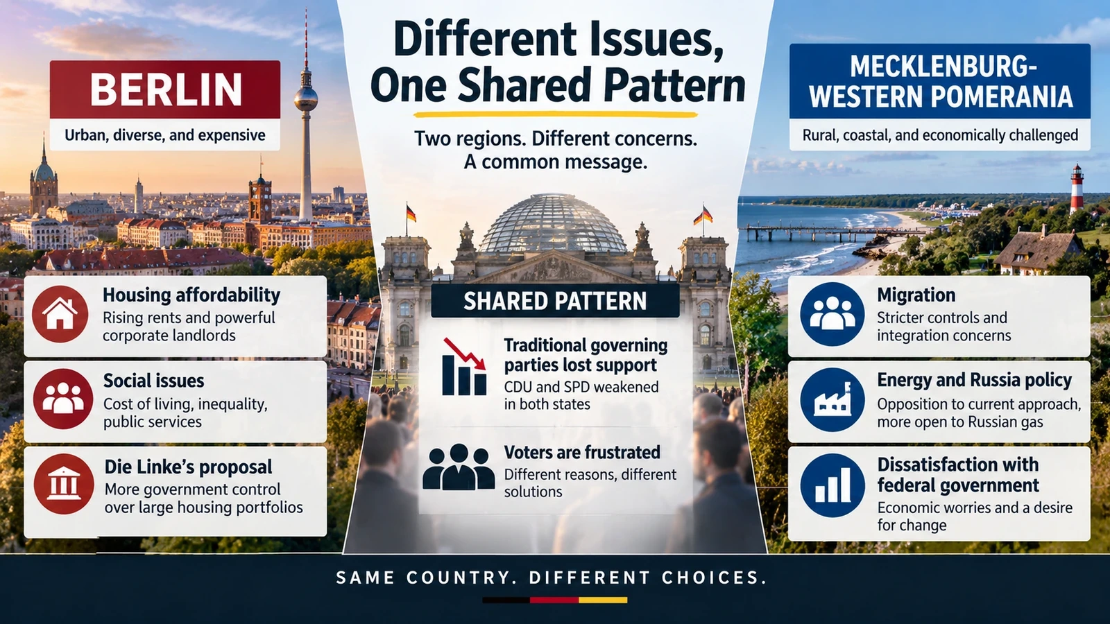 Comparison infographic showing the different local issues and shared voter dissatisfaction in Berlin and Mecklenburg-Western Pomerania