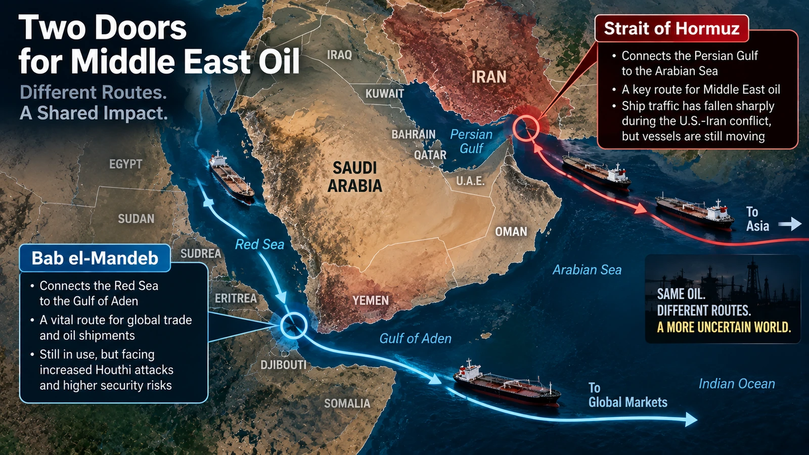 Map comparing the Strait of Hormuz and Bab el-Mandeb oil shipping routes