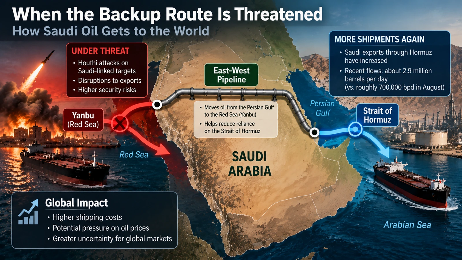Diagram showing Saudi oil routes through the East-West pipeline, Yanbu, Bab el-Mandeb and Strait of Hormuz