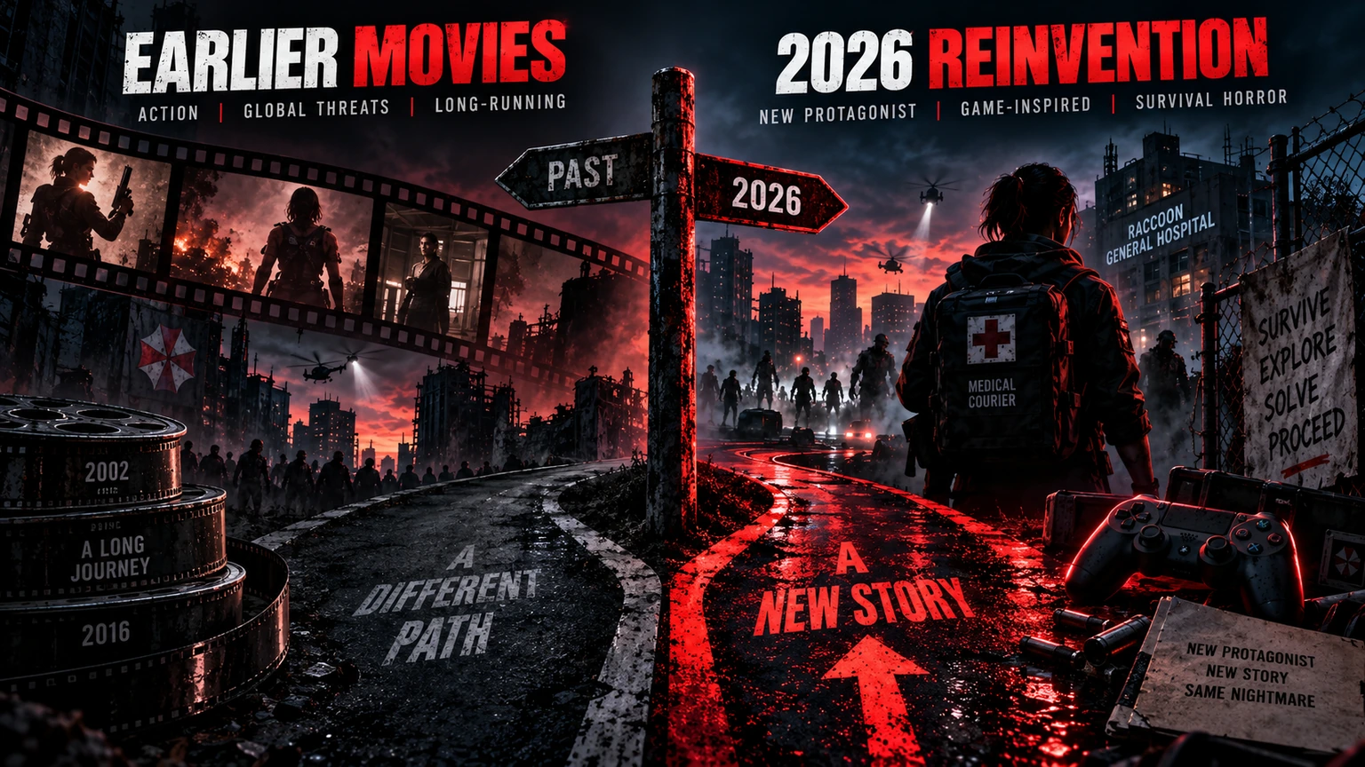 Diagram contrasting the earlier Resident Evil film era with the 2026 all-new story