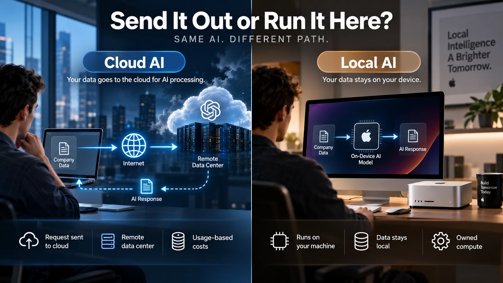 Diagram comparing cloud AI requests sent to remote data centers with local AI processed on a company desktop