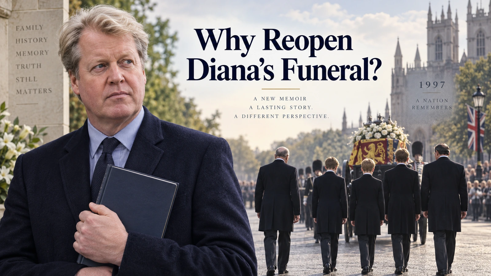 Editorial illustration of Charles Spencer beside a symbolic 1997 funeral procession for Princess Diana