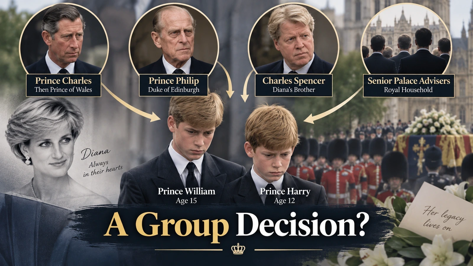 Diagram showing the different people involved in the decision over William and Harry joining Princess Diana’s funeral procession
