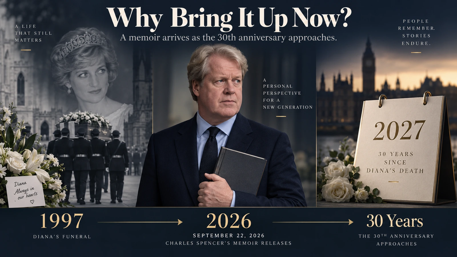 Editorial timeline connecting the 1997 funeral, the 2026 memoir release and the approaching 30th anniversary of Diana’s death