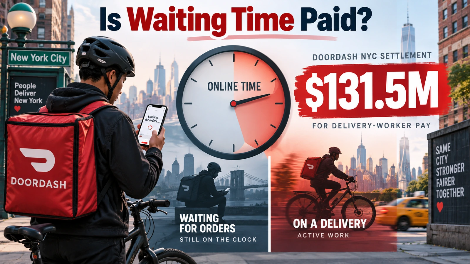 Editorial illustration of a New York delivery worker waiting beside a phone showing online time and the $131.5 million DoorDash settlement