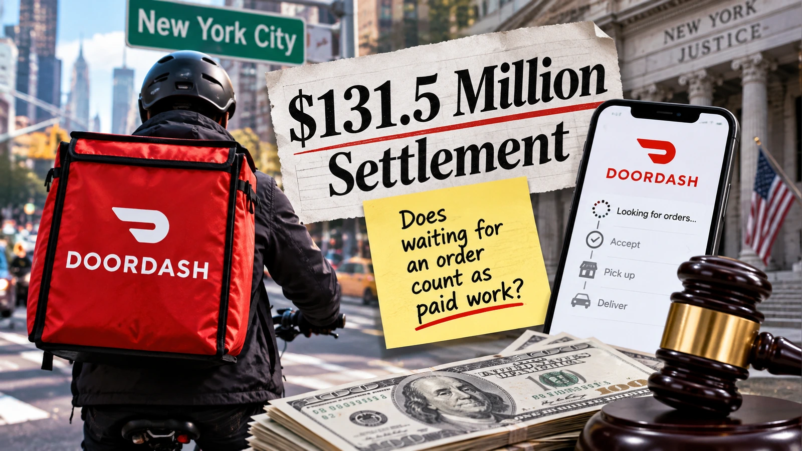 Editorial infographic comparing New York City's and DoorDash's positions on calculating compensable online time