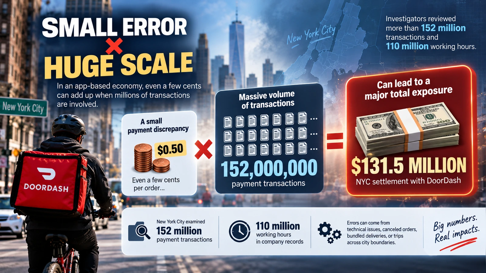 Scale infographic showing how millions of DoorDash transactions turned small payment discrepancies into a major enforcement case