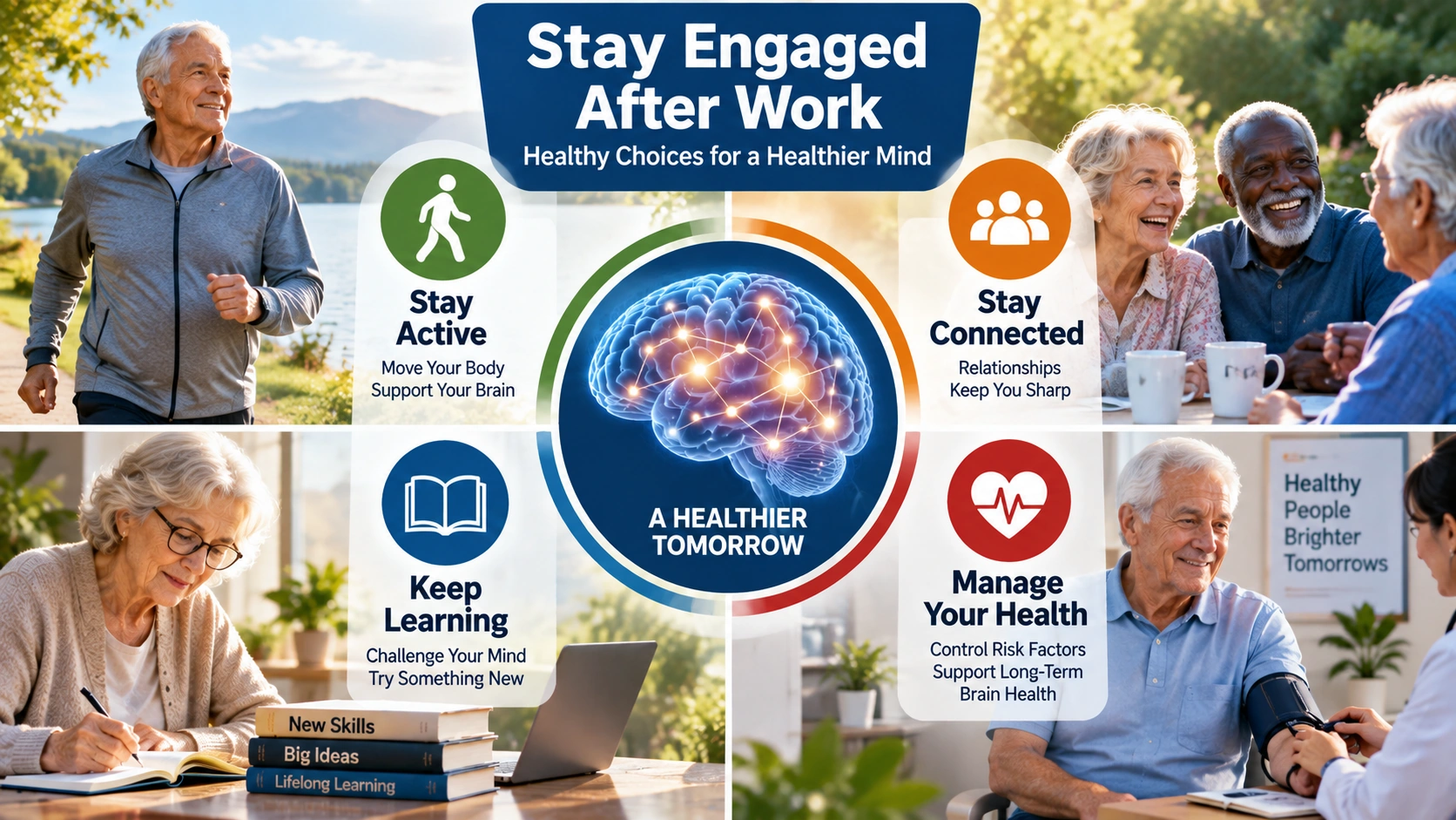 Editorial infographic showing physical activity, social connection, mental engagement and health management after retirement