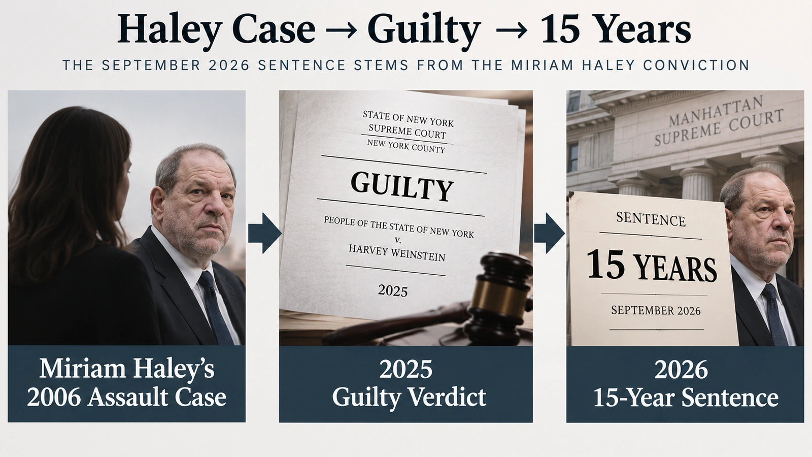 Diagram showing Harvey Weinstein’s 15-year New York sentence for the Miriam Haley sexual assault conviction