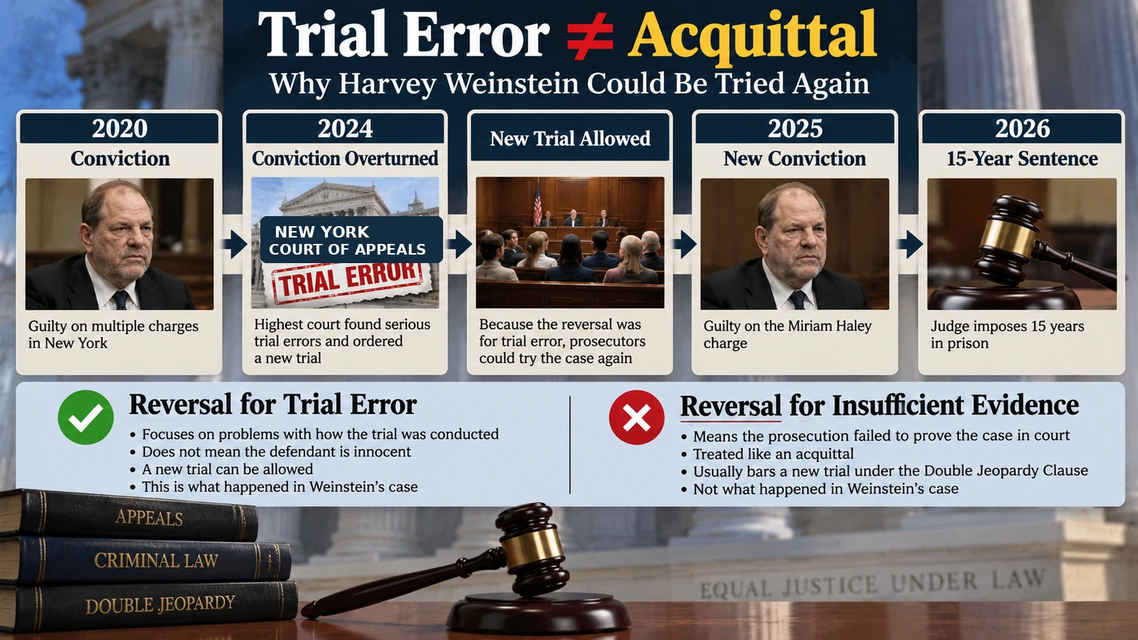 Flowchart explaining how Harvey Weinstein could be retried after his 2020 New York conviction was overturned