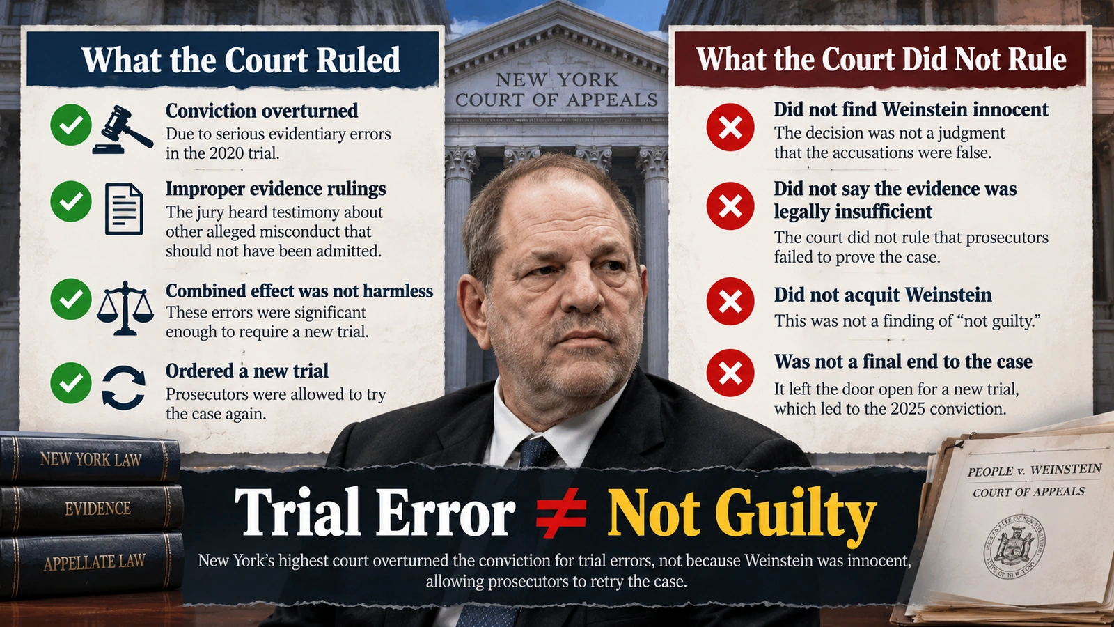 Comparison graphic explaining what New York’s highest court did and did not decide when overturning Harvey Weinstein’s conviction