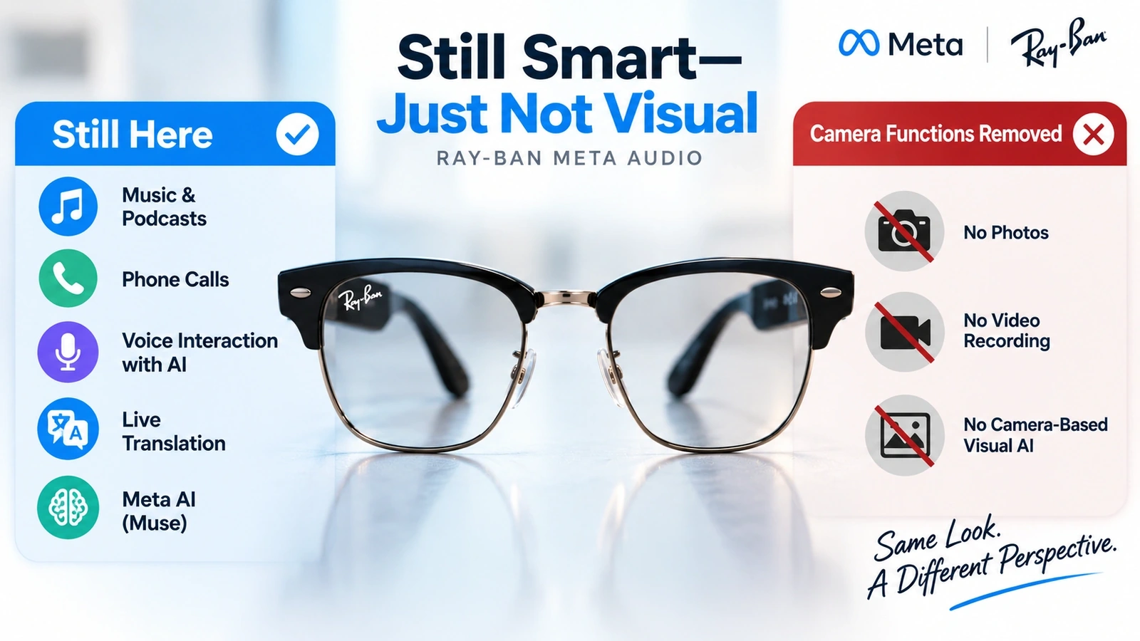 Diagram showing the audio and AI functions retained in Ray-Ban Meta Audio glasses and the camera functions removed