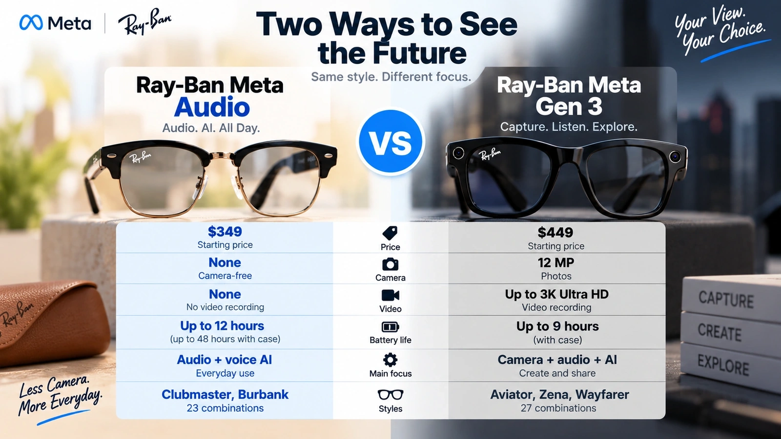 Comparison infographic between camera-free Ray-Ban Meta Audio glasses and camera-equipped Ray-Ban Meta Gen 3 glasses