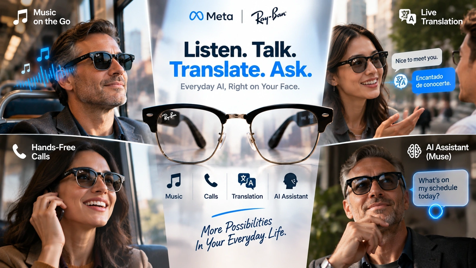Illustration showing everyday uses for camera-free AI glasses including calls, music, translation and voice assistance