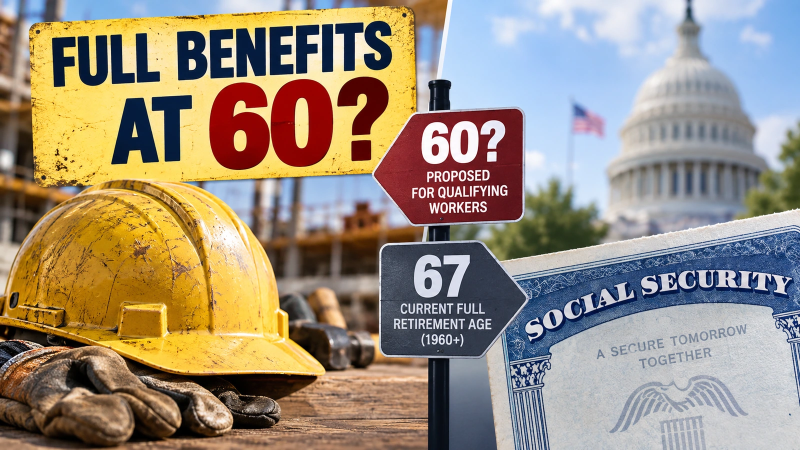 Editorial illustration showing a hard hat beside a Social Security card with ages 60 and 67