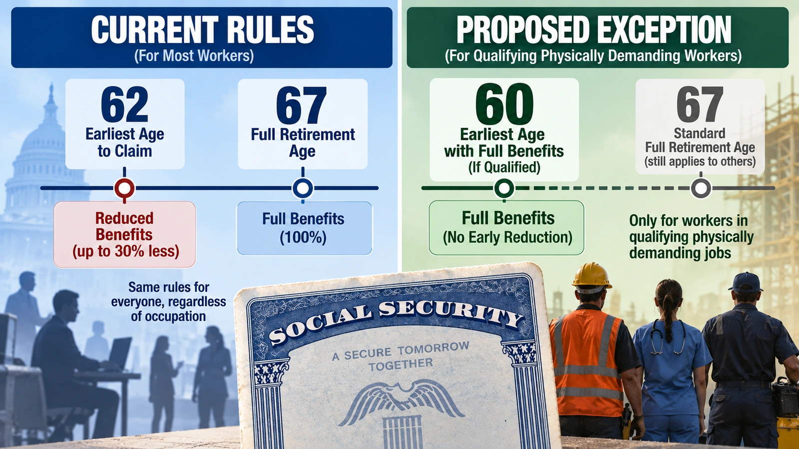 Comparison of current Social Security retirement ages with the proposed age-60 exception for qualifying workers