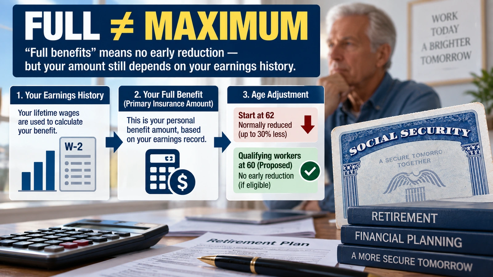 Infographic explaining that full Social Security benefits means no early claiming reduction, not a maximum benefit