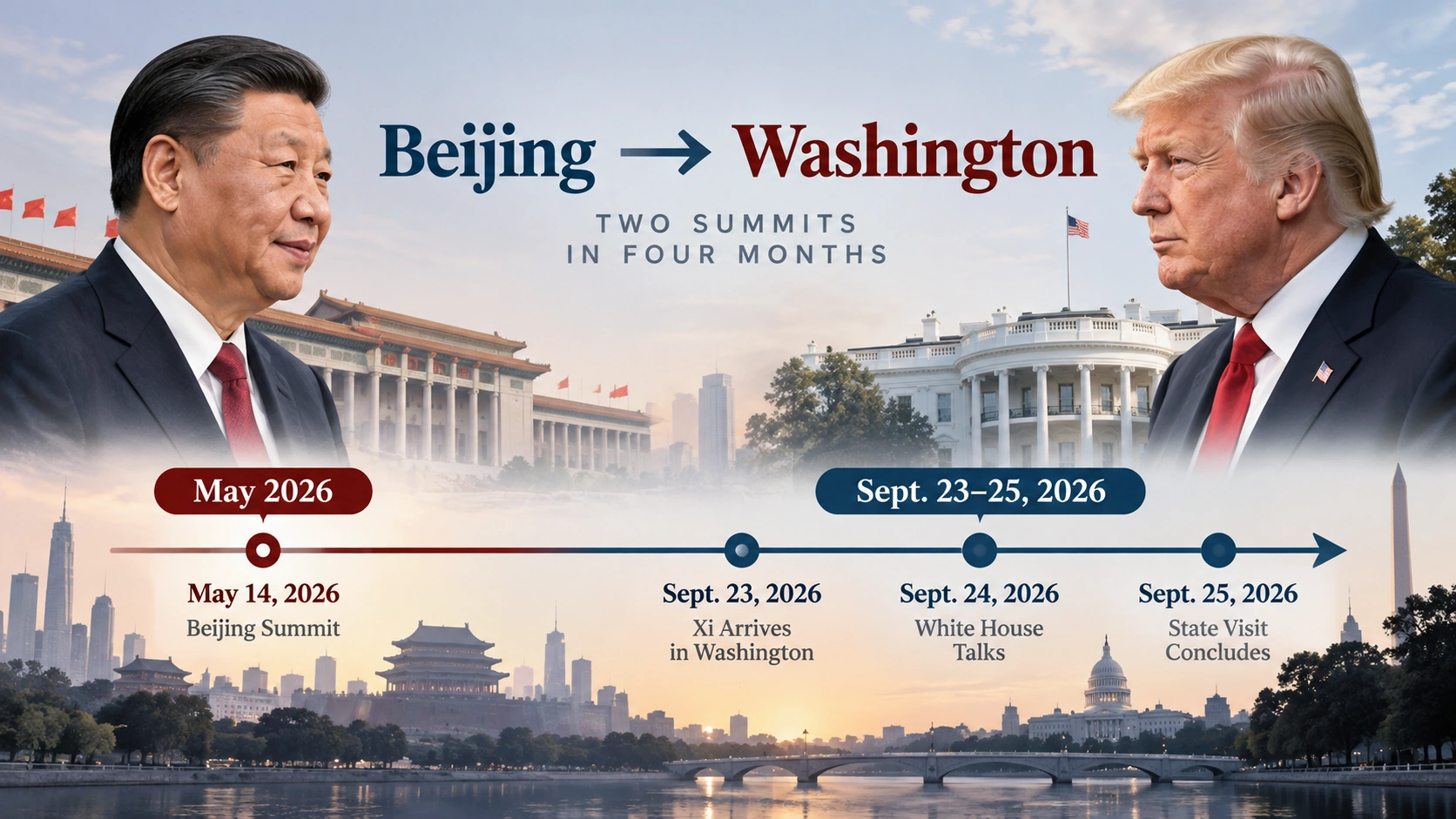Timeline showing the May 2026 Trump-Xi summit in Beijing and Xi Jinping’s September state visit to Washington